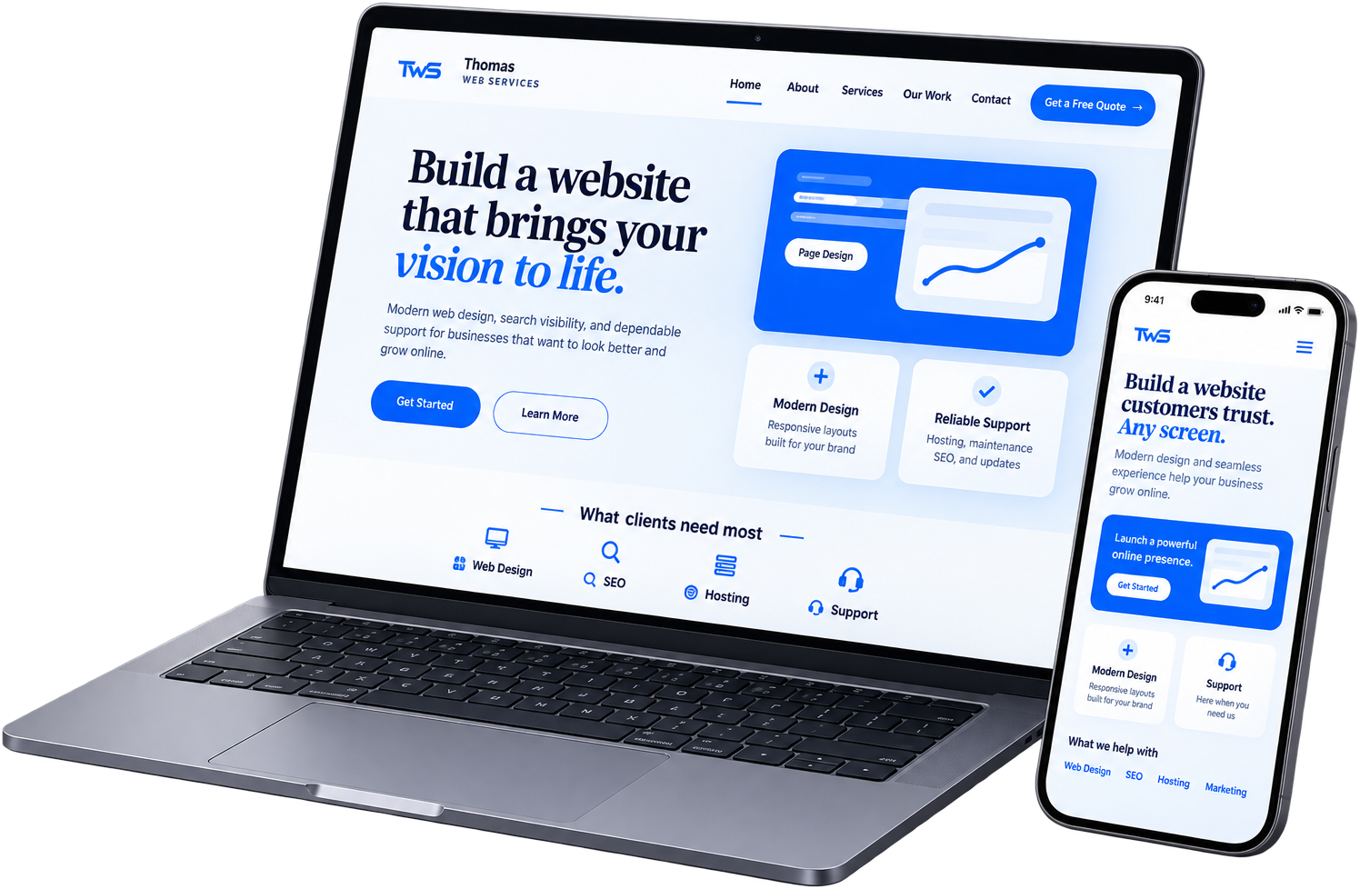 Laptop and mobile phone displaying a Thomas Web Services website