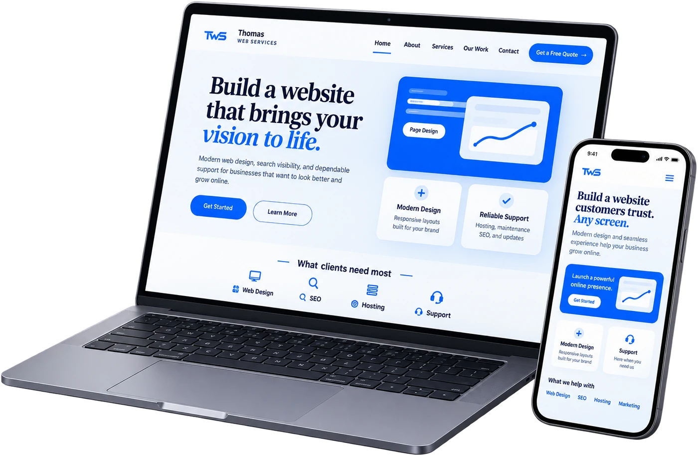 Laptop and mobile phone displaying a Thomas Web Services website
